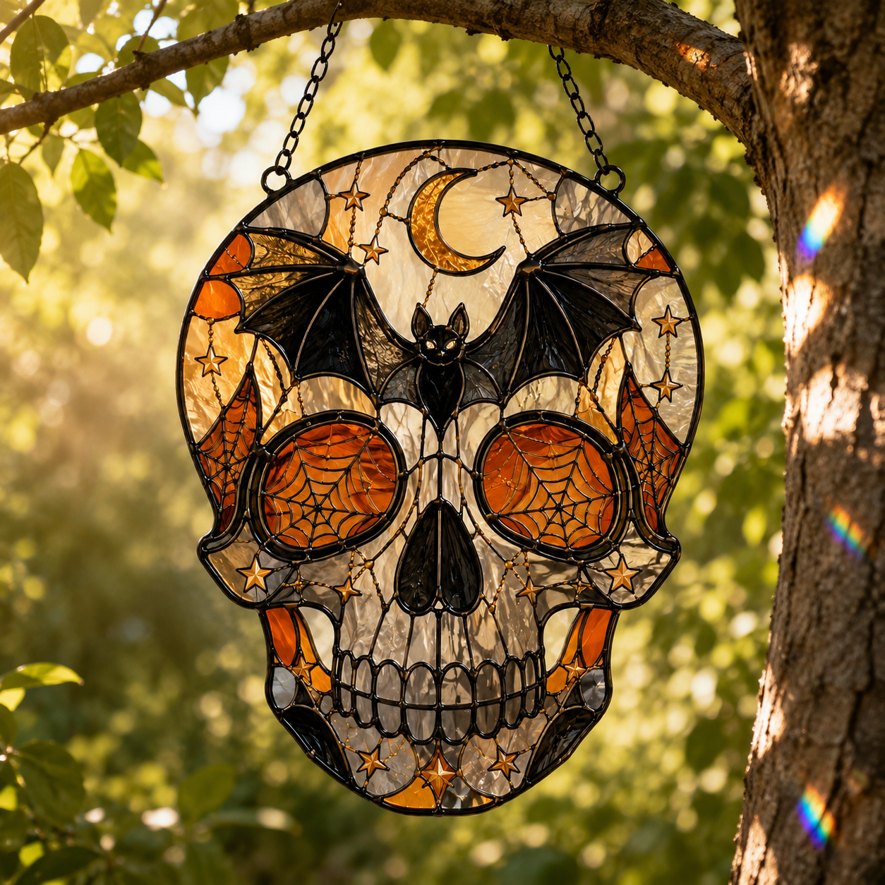 Halloween Skull Suncatcher | Bat Moon Spider Web Window Hanging | Stained Glass Style Gothic Decor | Car Ornament Gift