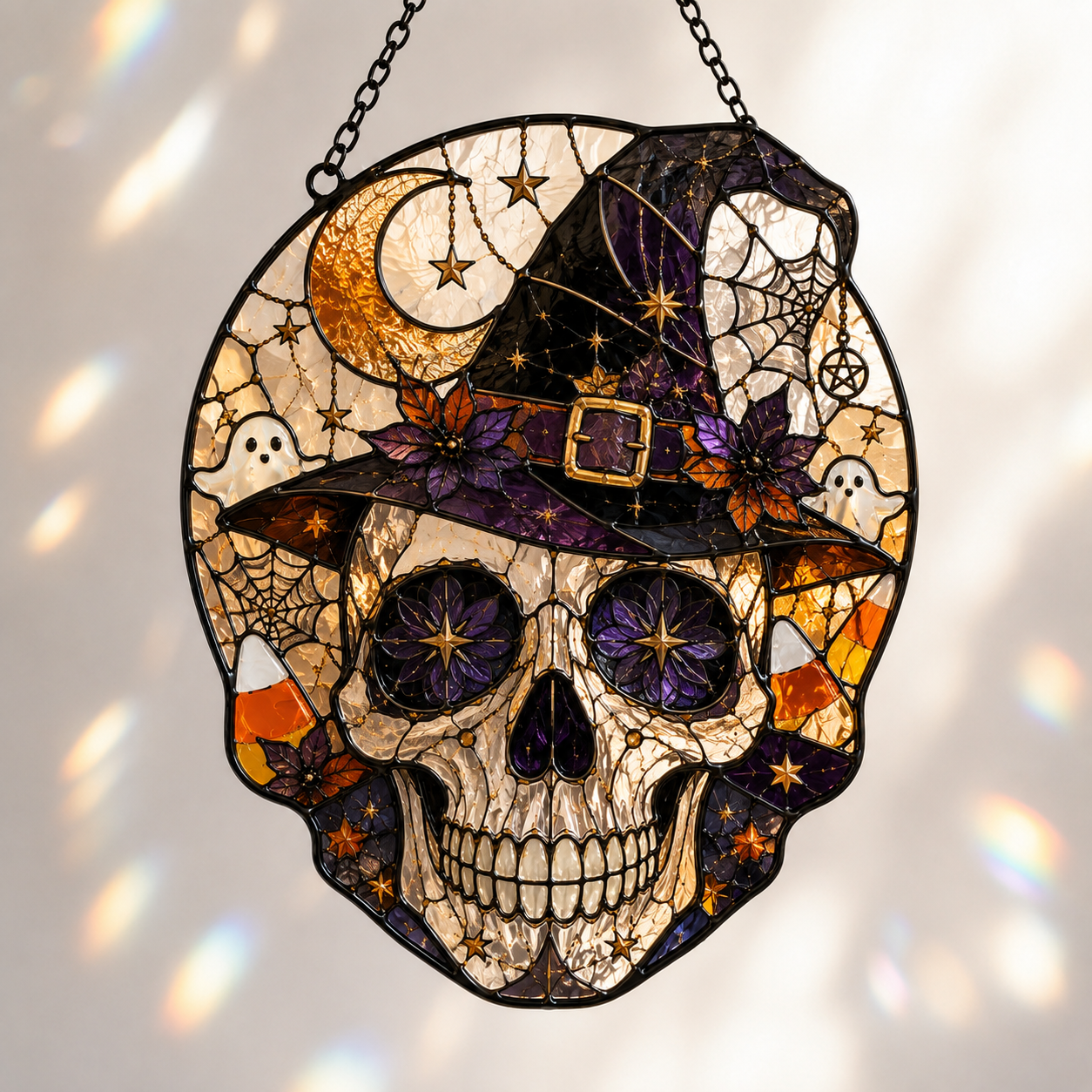 Christmas Skull Suncatcher | Stained Glass Style Window Hanging | Gothic Holiday Decor | Car Hanging Decor | Skull Lover Gift