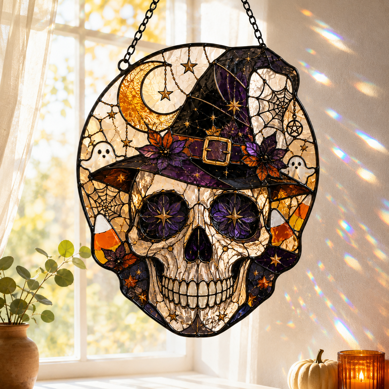 Halloween Skull Suncatcher | Witch Hat Stained Glass Style Window Hanging | Gothic Wall Decor | Car Hanging Decor | Witchy Gift