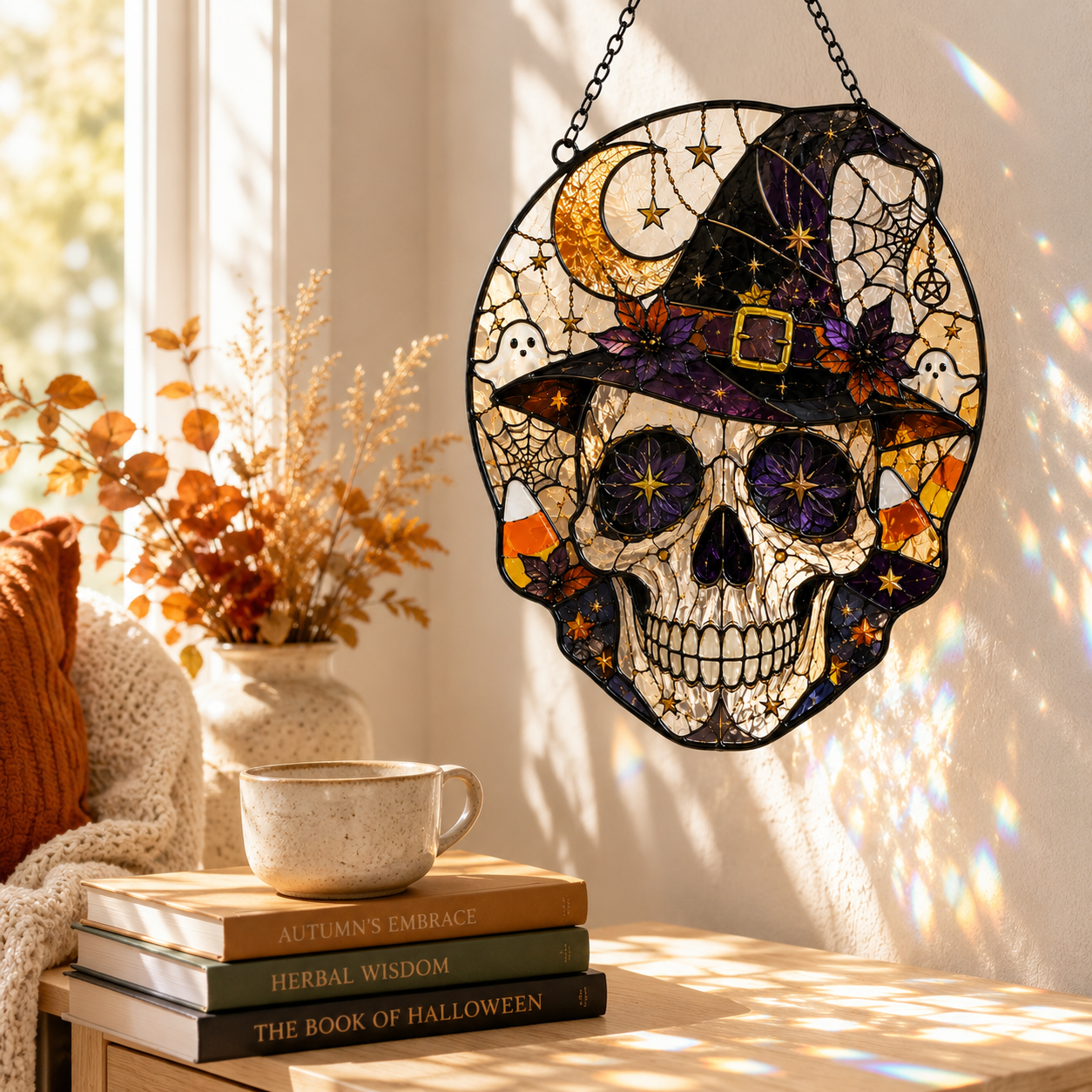 Halloween Skull Suncatcher | Witch Hat Stained Glass Style Window Hanging | Gothic Wall Decor | Car Hanging Decor | Witchy Gift