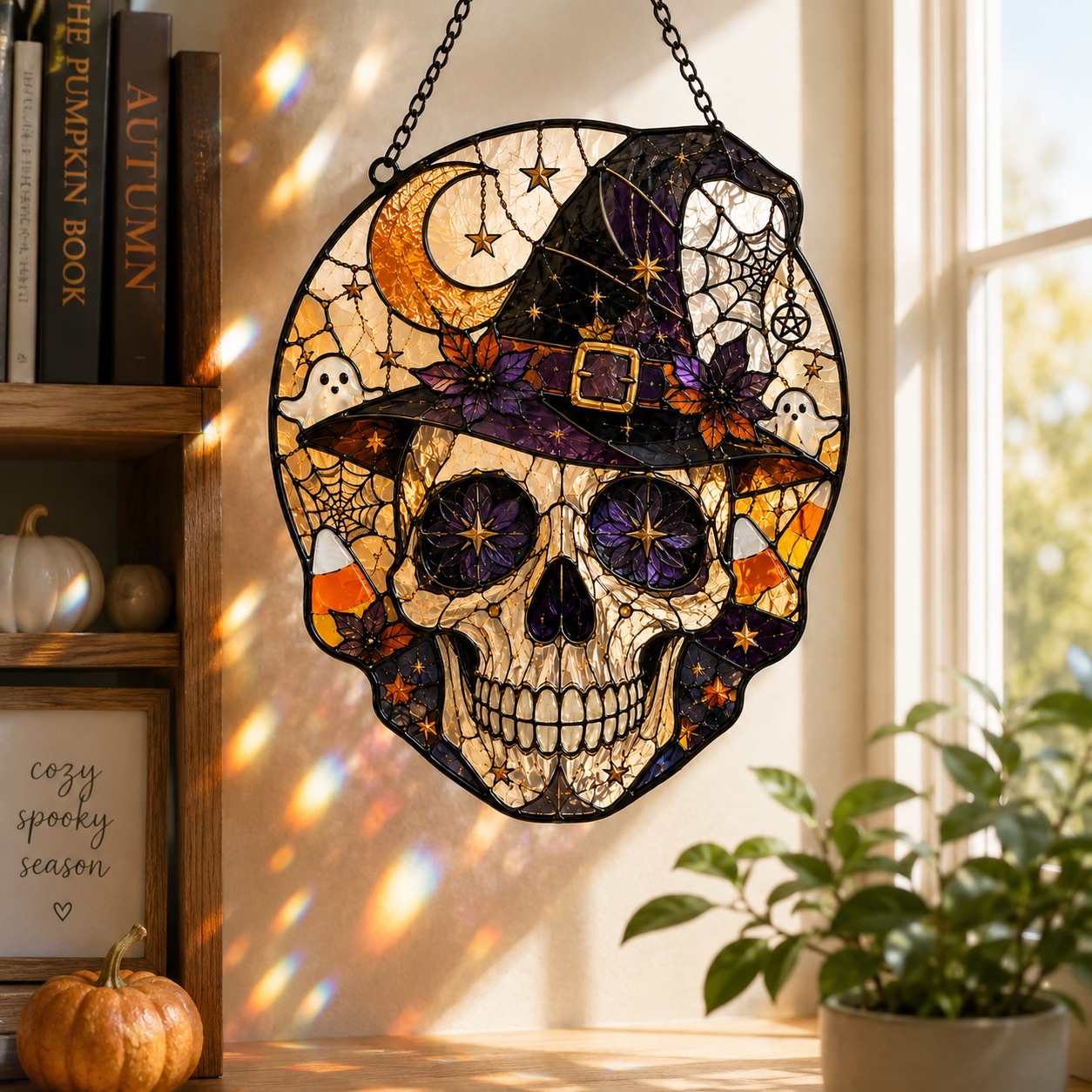 Halloween Skull Suncatcher | Witch Hat Stained Glass Style Window Hanging | Gothic Wall Decor | Car Hanging Decor | Witchy Gift