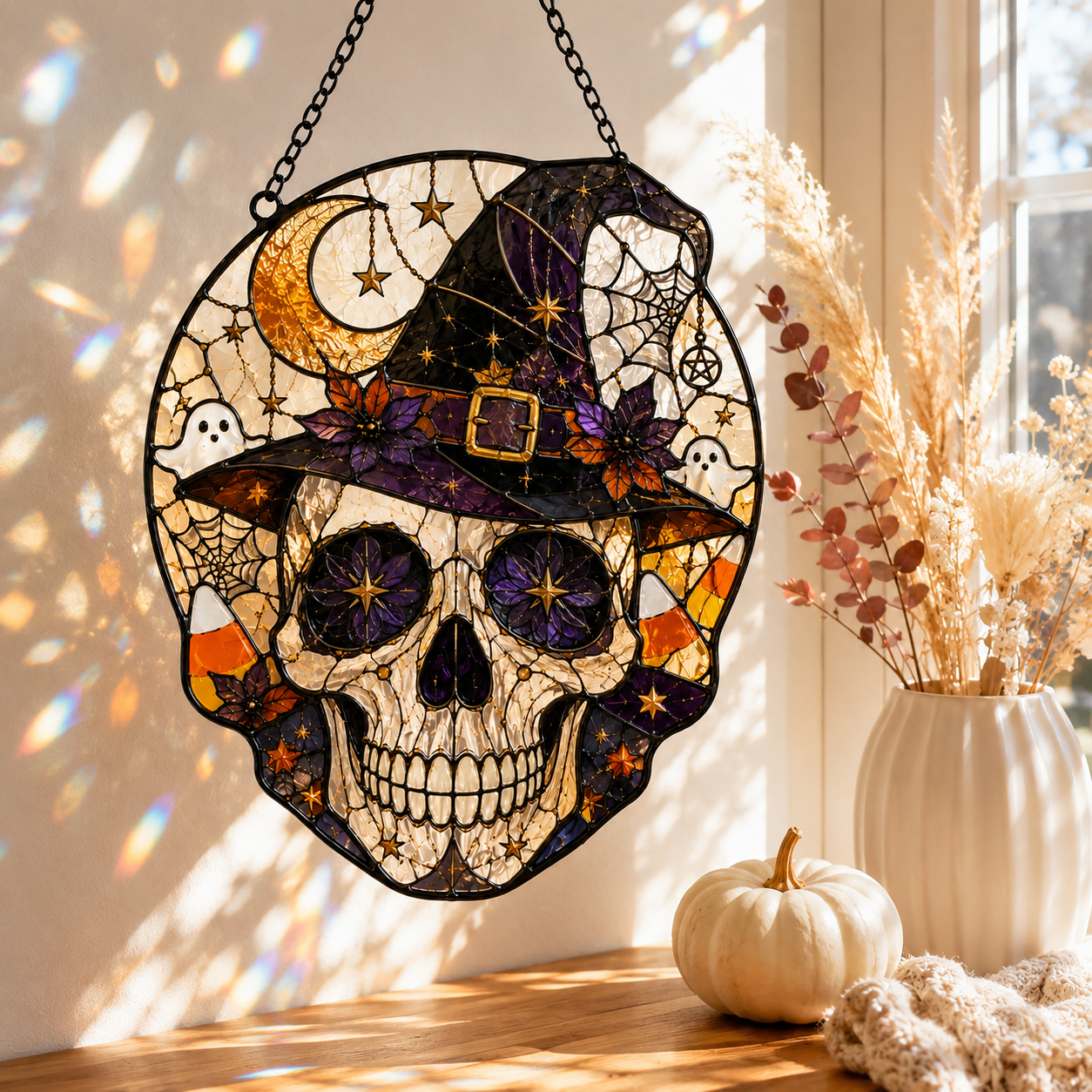 Halloween Skull Suncatcher | Witch Hat Stained Glass Style Window Hanging | Gothic Wall Decor | Car Hanging Decor | Witchy Gift