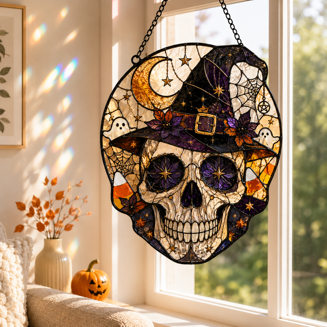 Halloween Skull Suncatcher | Witch Hat Stained Glass Style Window Hanging | Gothic Wall Decor | Car Hanging Decor | Witchy Gift