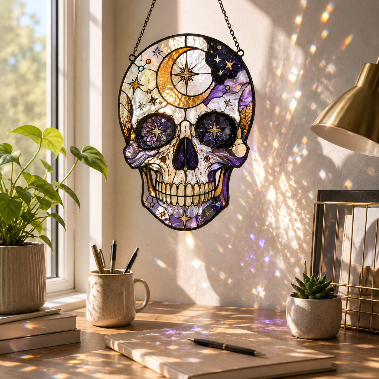 Celestial Skull Suncatcher | Stained Glass Style Window Hanging | Gothic Moon Star Decor | Car Hanging Decor | Witchy Gift