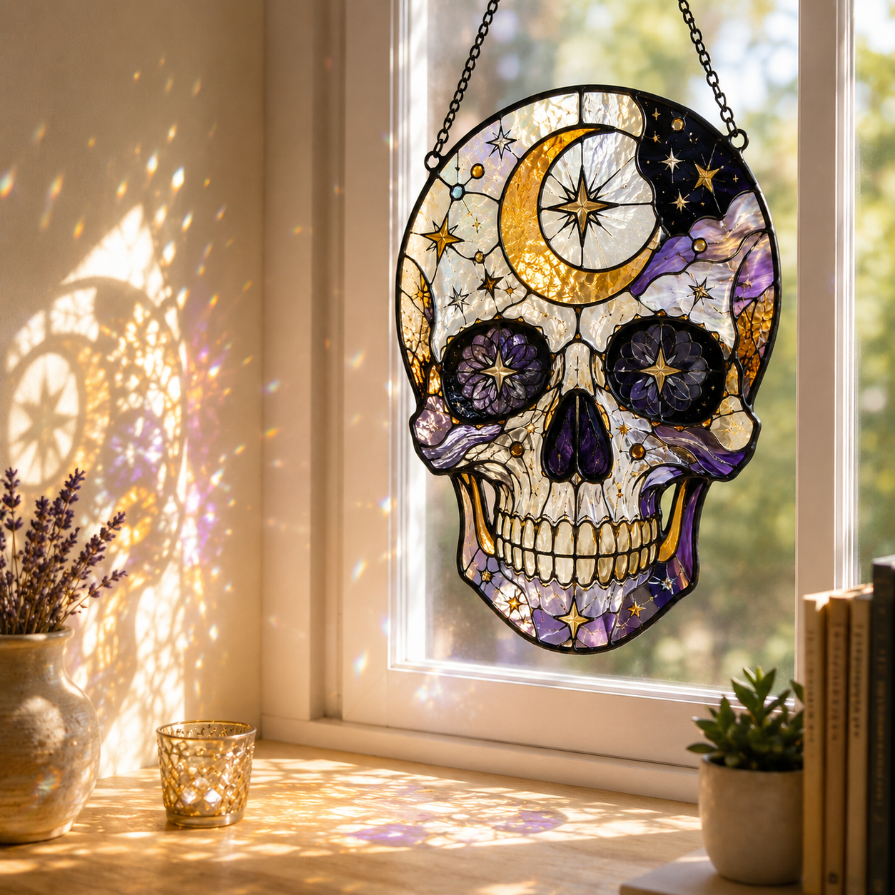 Celestial Skull Suncatcher | Stained Glass Style Window Hanging | Gothic Moon Star Decor | Car Hanging Decor | Witchy Gift