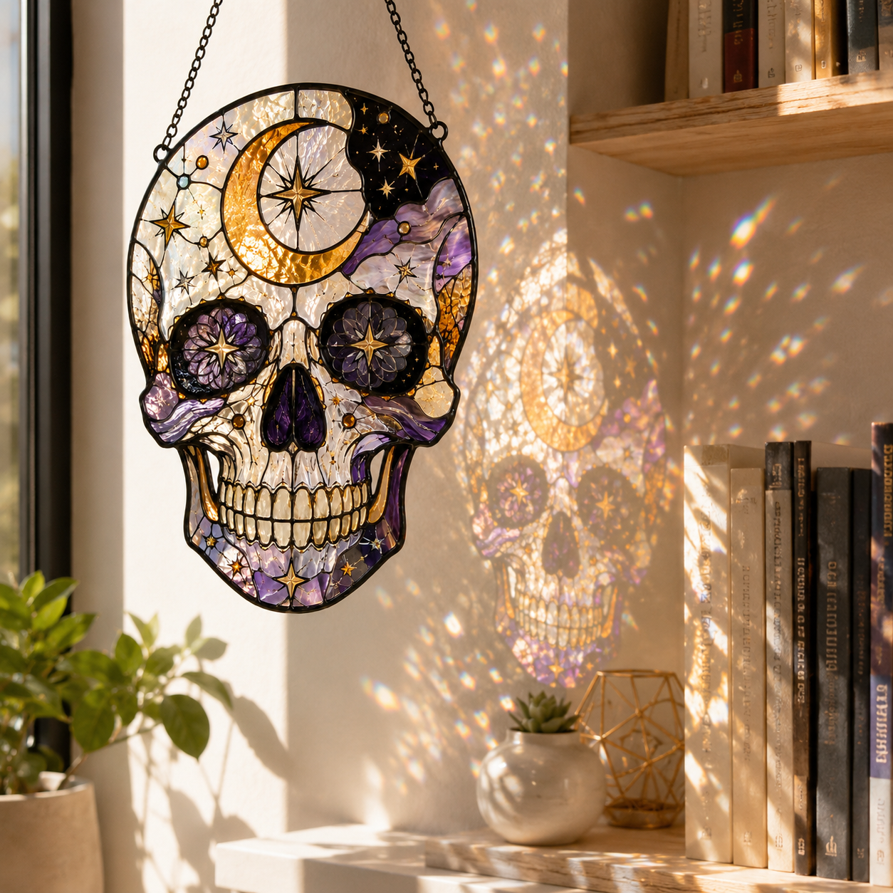 Celestial Skull Suncatcher | Stained Glass Style Window Hanging | Gothic Moon Star Decor | Car Hanging Decor | Witchy Gift