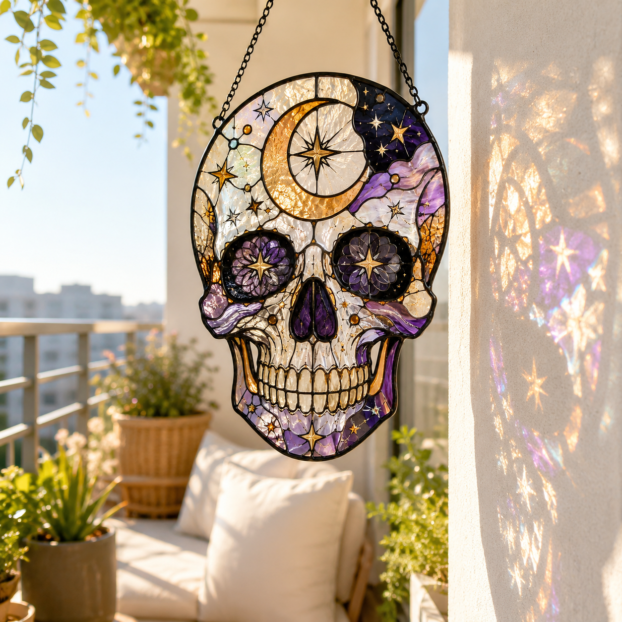 Celestial Skull Suncatcher | Stained Glass Style Window Hanging | Gothic Moon Star Decor | Car Hanging Decor | Witchy Gift