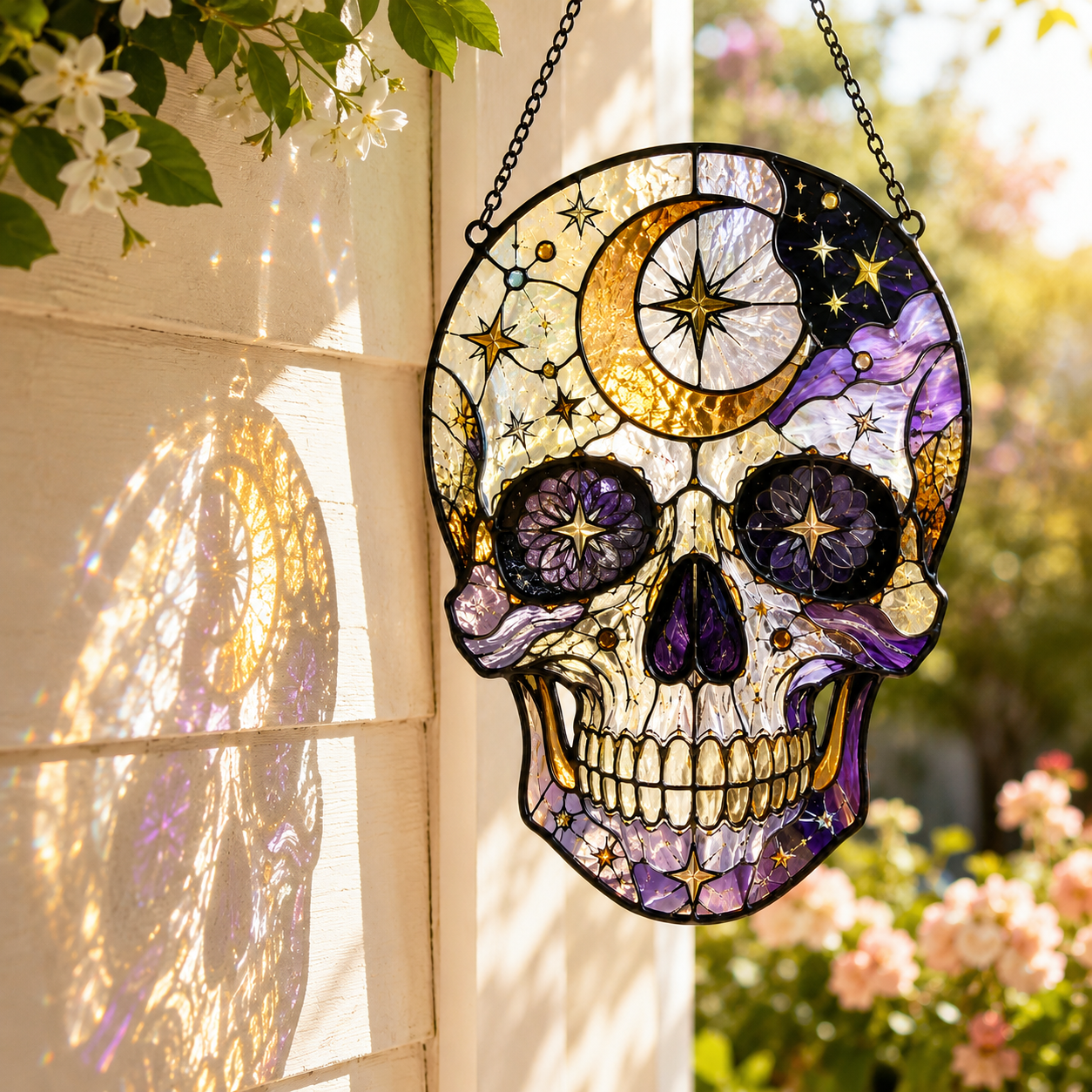 Celestial Skull Suncatcher | Stained Glass Style Window Hanging | Gothic Moon Star Decor | Car Hanging Decor | Witchy Gift