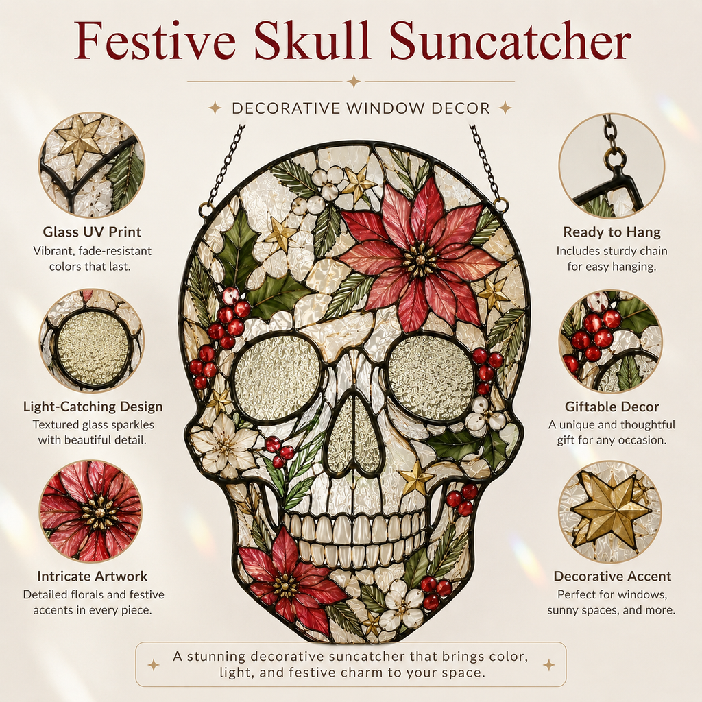 Christmas Skull Suncatcher | Stained Glass Style Window Hanging | Poinsettia Holly Gothic Decor | Car Ornament Gift