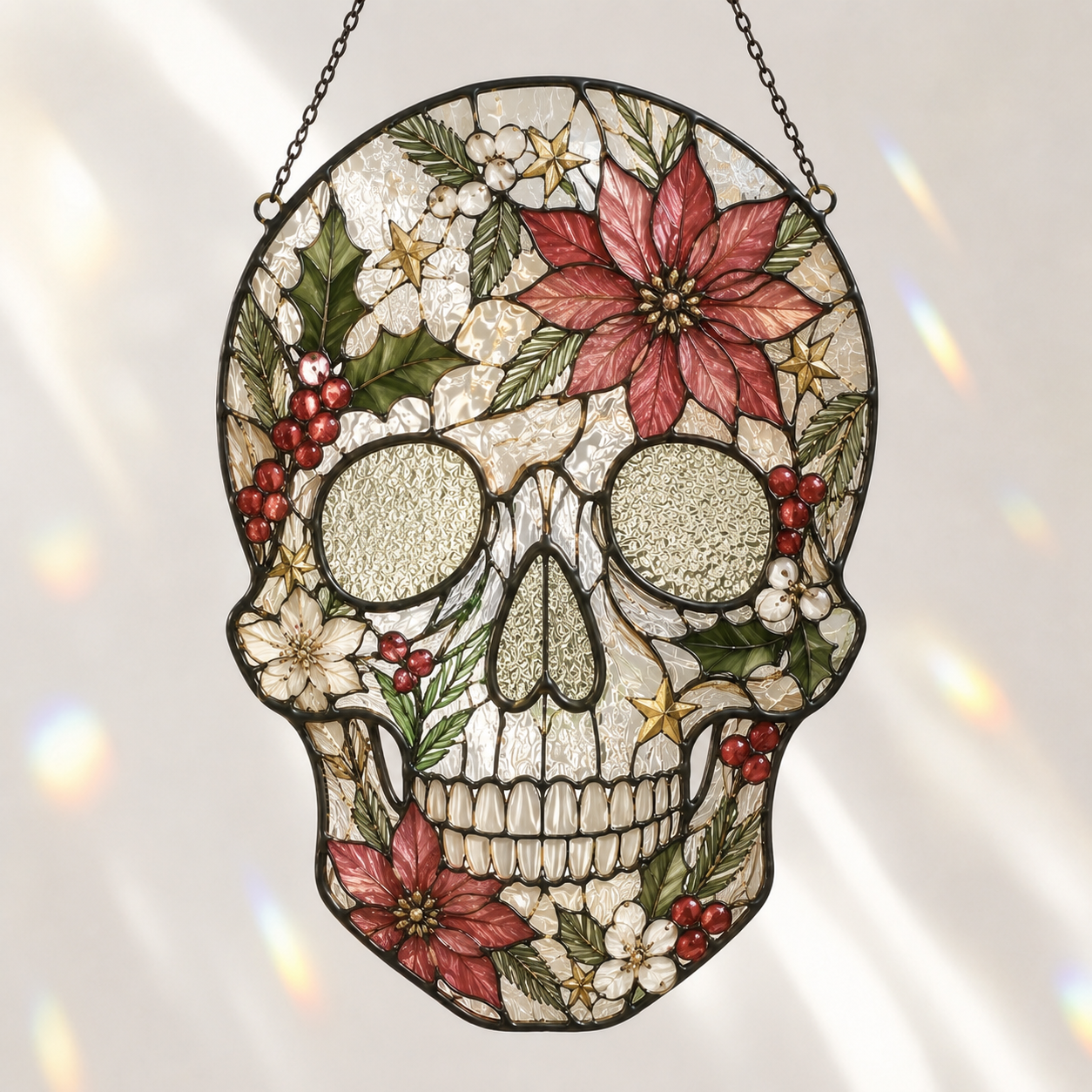 Christmas Skull Suncatcher | Stained Glass Style Window Hanging | Gothic Holiday Decor | Car Hanging Decor | Skull Lover Gift