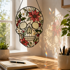 Christmas Skull Suncatcher | Stained Glass Style Window Hanging | Poinsettia Holly Gothic Decor | Car Ornament Gift