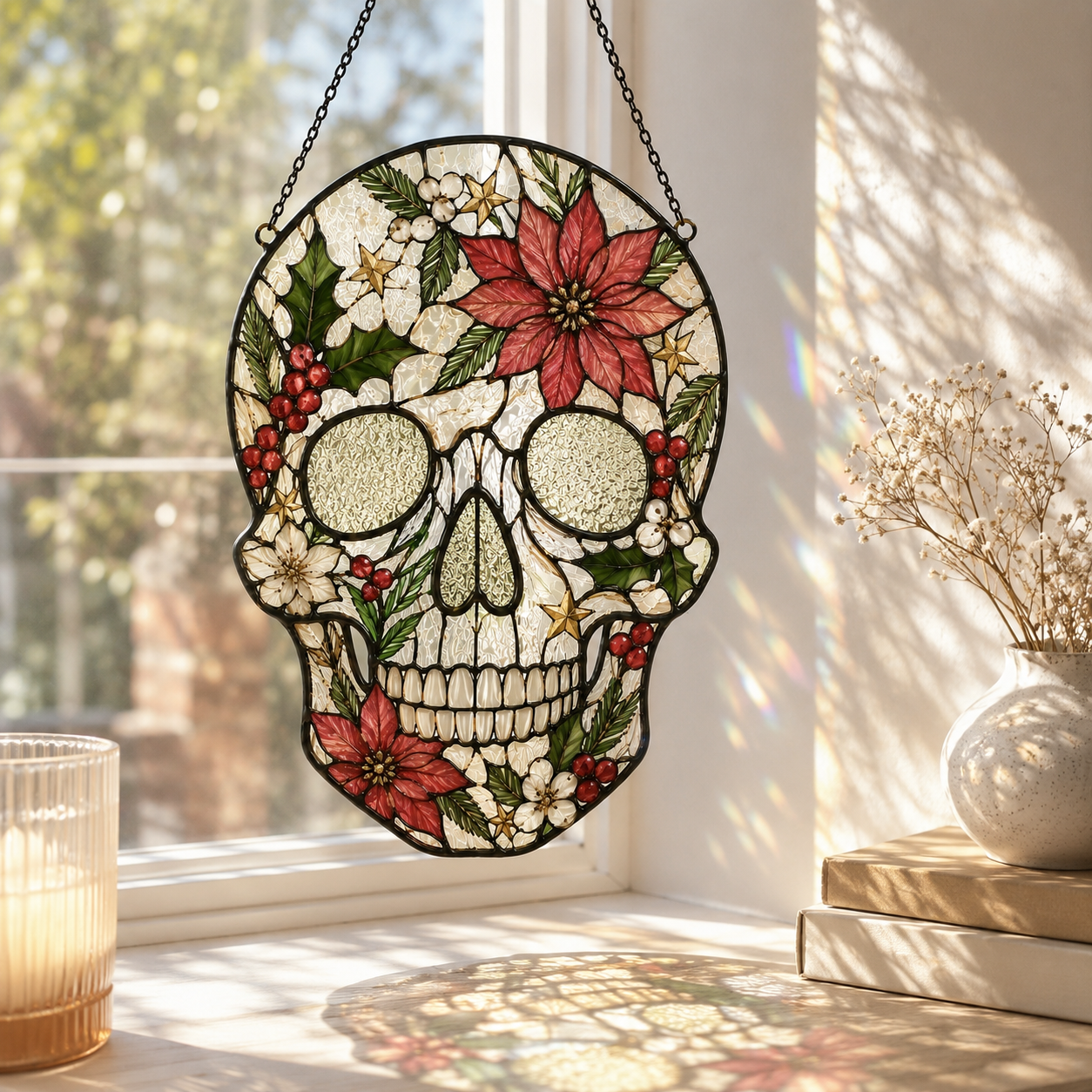 Christmas Skull Suncatcher | Stained Glass Style Window Hanging | Poinsettia Holly Gothic Decor | Car Ornament Gift