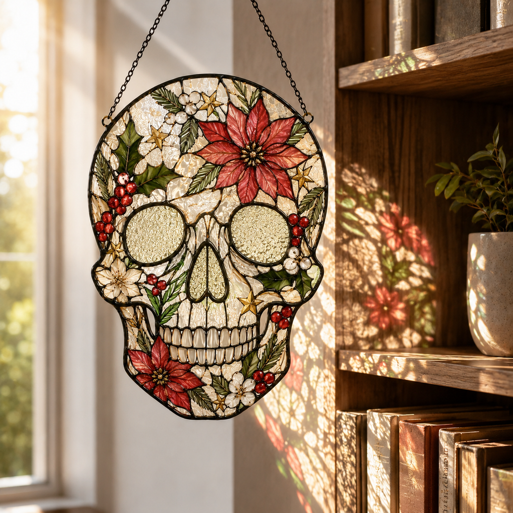 Christmas Skull Suncatcher | Stained Glass Style Window Hanging | Poinsettia Holly Gothic Decor | Car Ornament Gift