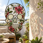 Christmas Skull Suncatcher | Stained Glass Style Window Hanging | Poinsettia Holly Gothic Decor | Car Ornament Gift