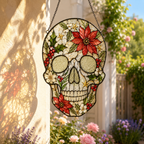 Christmas Skull Suncatcher | Stained Glass Style Window Hanging | Poinsettia Holly Gothic Decor | Car Ornament Gift