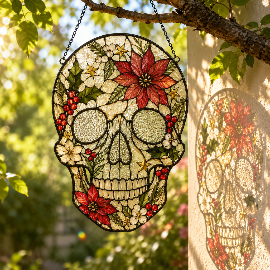 Christmas Skull Suncatcher | Stained Glass Style Window Hanging | Poinsettia Holly Gothic Decor | Car Ornament Gift