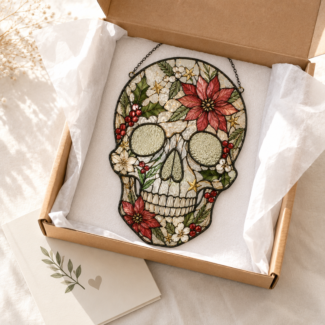 Christmas Skull Suncatcher | Stained Glass Style Window Hanging | Poinsettia Holly Gothic Decor | Car Ornament Gift