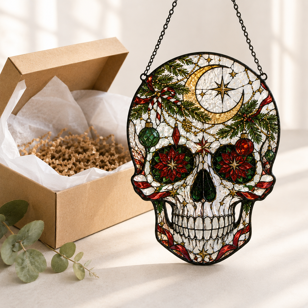 Christmas Skull Suncatcher | Stained Glass Style Window Hanging | Gothic Holiday Decor | Car Hanging Decor | Skull Lover Gift