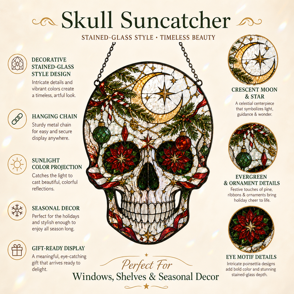 Christmas Skull Suncatcher | Stained Glass Style Window Hanging | Gothic Holiday Decor | Car Hanging Decor | Skull Lover Gift