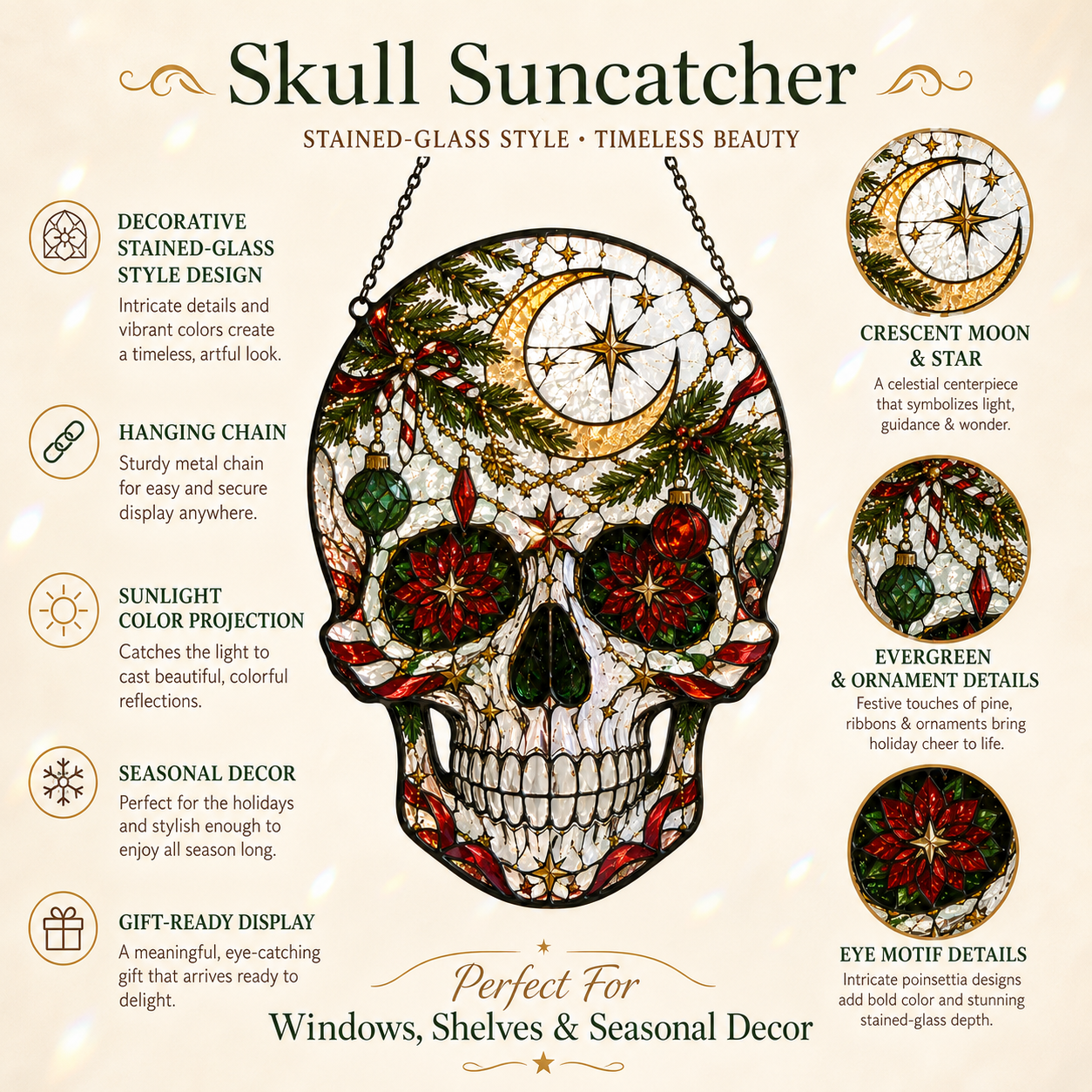 Christmas Skull Suncatcher | Stained Glass Style Window Hanging | Gothic Holiday Decor | Car Hanging Decor | Skull Lover Gift