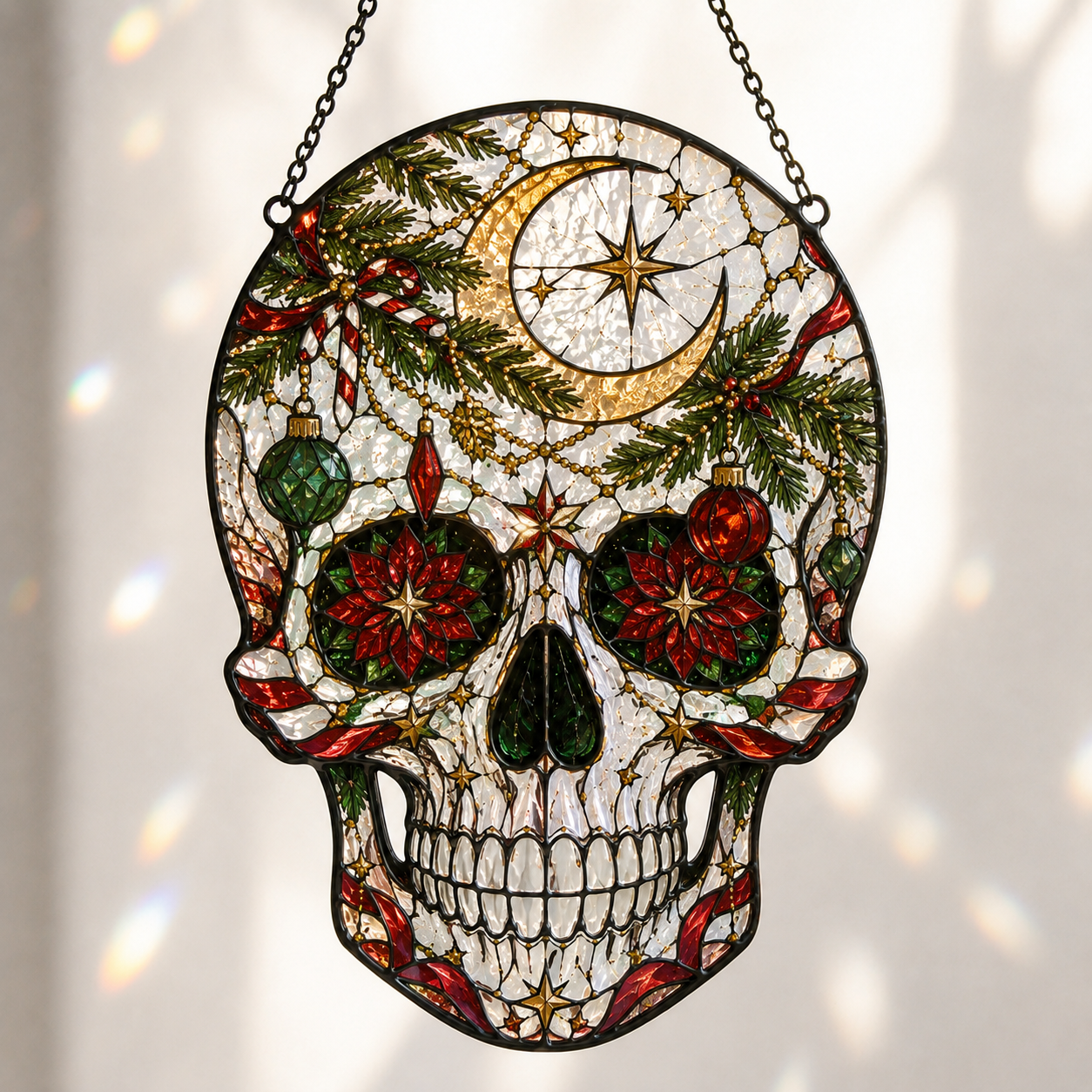 Christmas Skull Suncatcher | Stained Glass Style Window Hanging | Gothic Holiday Decor | Car Hanging Decor | Skull Lover Gift