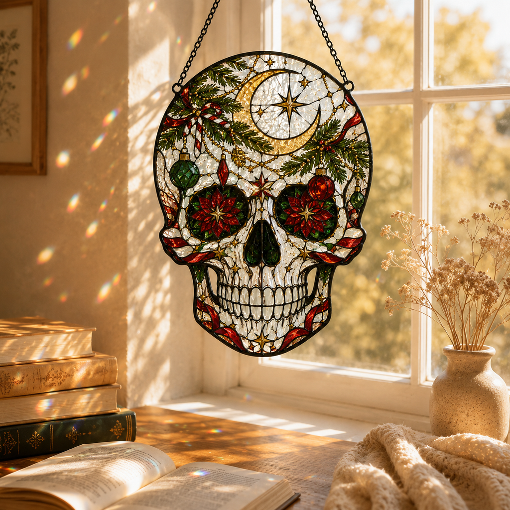 Christmas Skull Suncatcher | Stained Glass Style Window Hanging | Gothic Holiday Decor | Car Hanging Decor | Skull Lover Gift