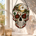 Christmas Skull Suncatcher | Stained Glass Style Window Hanging | Gothic Holiday Decor | Car Hanging Decor | Skull Lover Gift