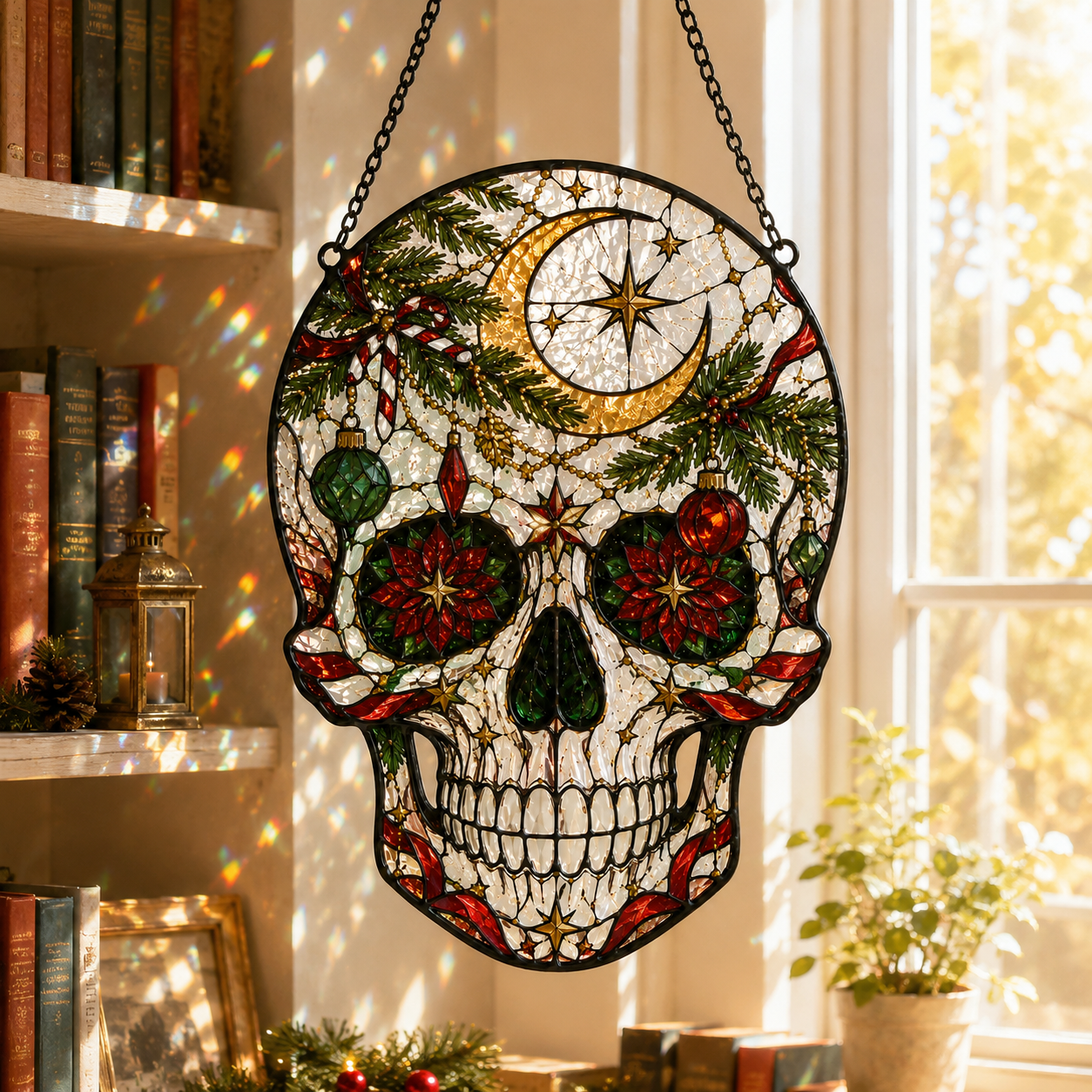Christmas Skull Suncatcher | Stained Glass Style Window Hanging | Gothic Holiday Decor | Car Hanging Decor | Skull Lover Gift