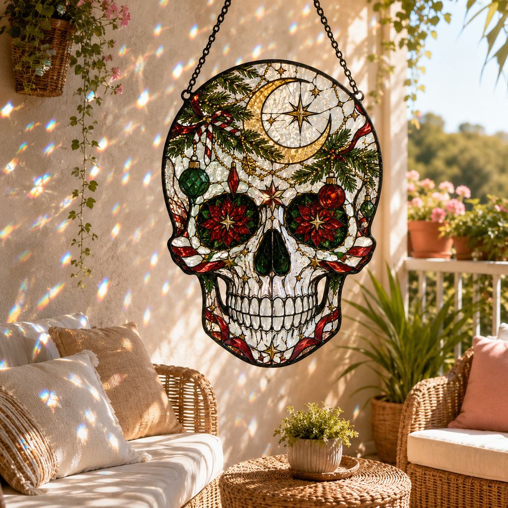 Christmas Skull Suncatcher | Stained Glass Style Window Hanging | Gothic Holiday Decor | Car Hanging Decor | Skull Lover Gift