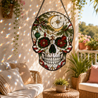 Christmas Skull Suncatcher | Stained Glass Style Window Hanging | Gothic Holiday Decor | Car Hanging Decor | Skull Lover Gift