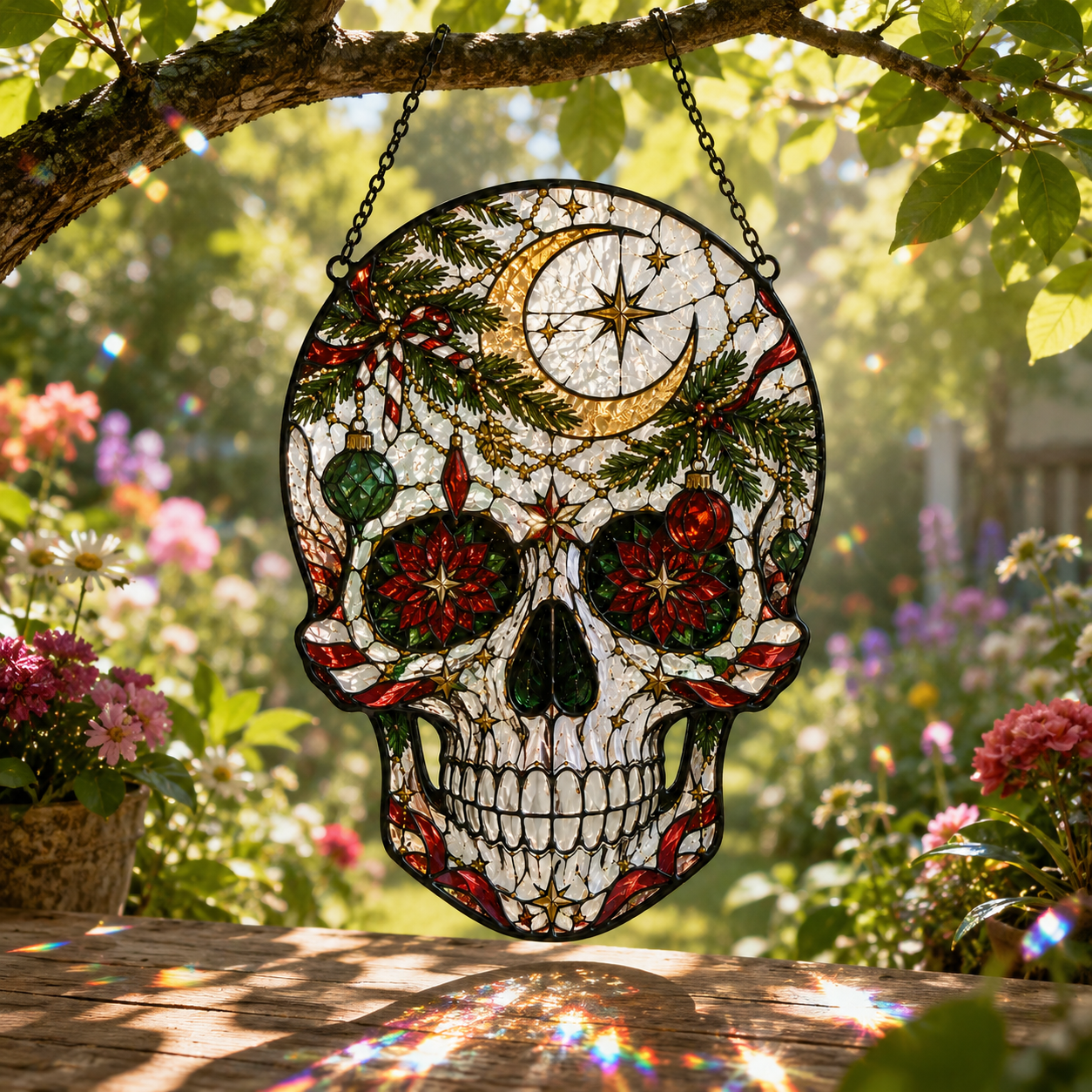 Christmas Skull Suncatcher | Stained Glass Style Window Hanging | Gothic Holiday Decor | Car Hanging Decor | Skull Lover Gift
