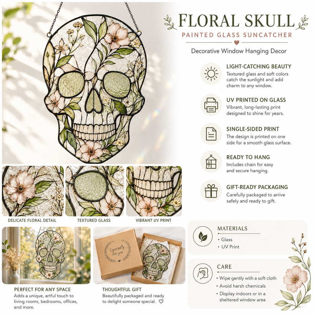 Floral Skull Suncatcher | Stained Glass Style Window Hanging | Botanical Gothic Wall Decor | Car Hanging Decor | Skull Gift