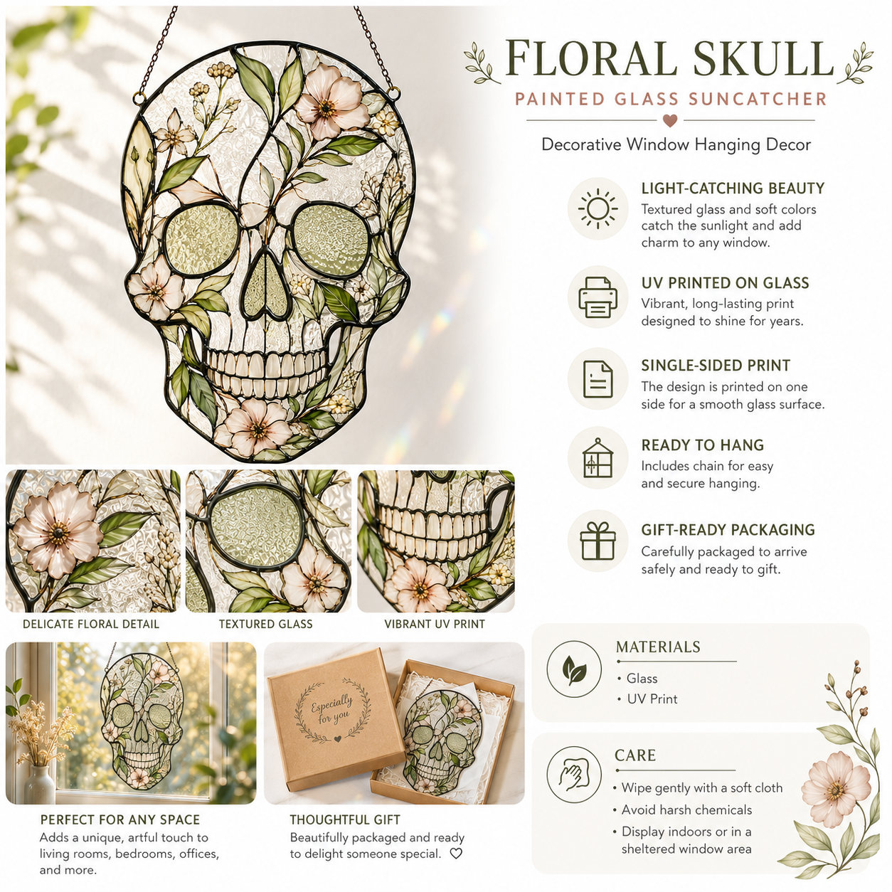 Floral Skull Suncatcher | Stained Glass Style Window Hanging | Botanical Gothic Wall Decor | Car Hanging Decor | Skull Gift