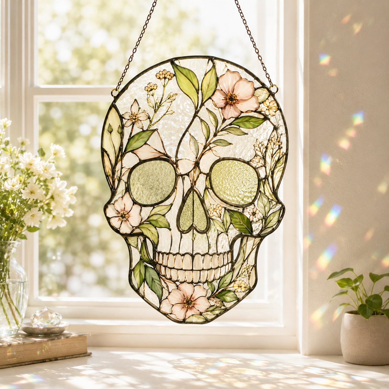 Floral Skull Suncatcher | Stained Glass Style Window Hanging | Botanical Gothic Wall Decor | Car Hanging Decor | Skull Gift