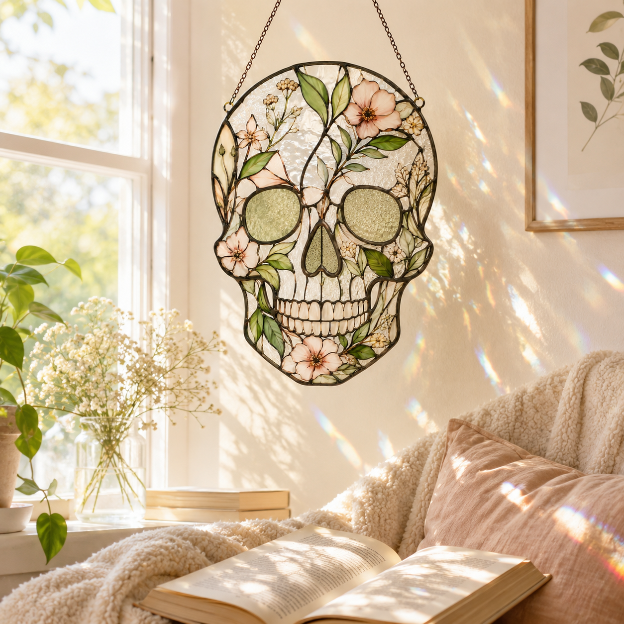 Floral Skull Suncatcher | Stained Glass Style Window Hanging | Botanical Gothic Wall Decor | Car Hanging Decor | Skull Gift