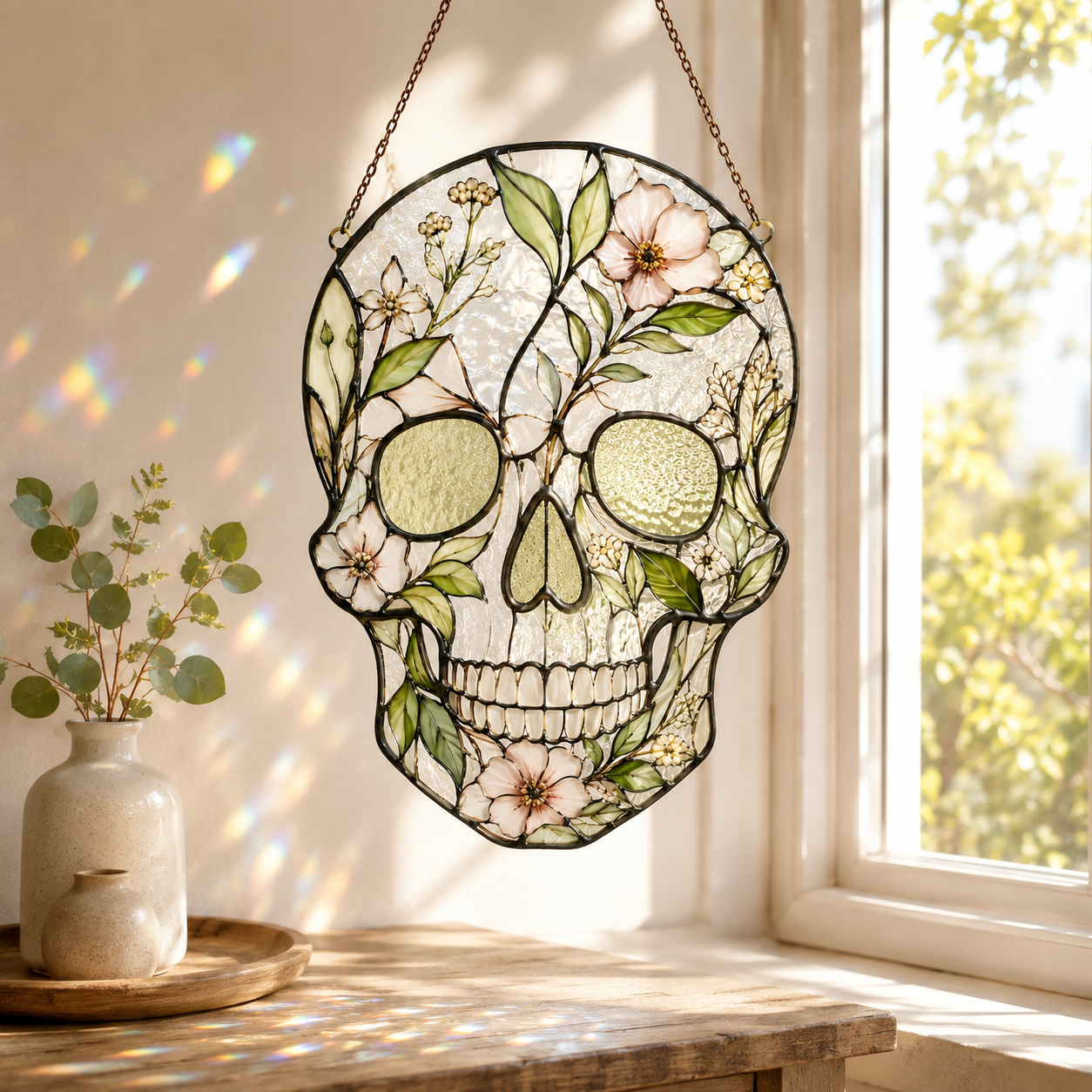 Floral Skull Suncatcher | Stained Glass Style Window Hanging | Botanical Gothic Wall Decor | Car Hanging Decor | Skull Gift