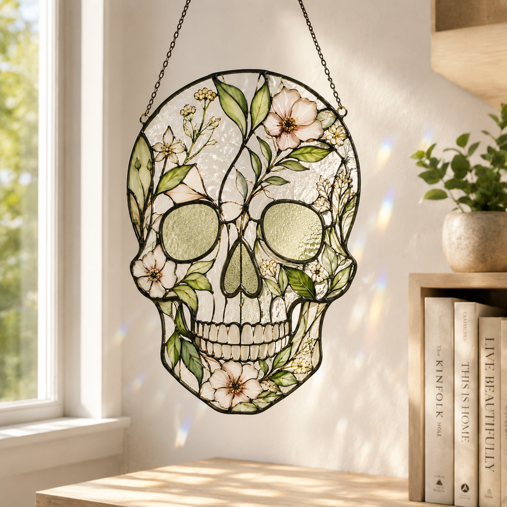 Floral Skull Suncatcher | Stained Glass Style Window Hanging | Botanical Gothic Wall Decor | Car Hanging Decor | Skull Gift