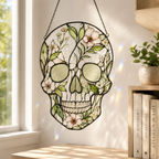 Floral Skull Suncatcher | Stained Glass Style Window Hanging | Botanical Gothic Wall Decor | Car Hanging Decor | Skull Gift