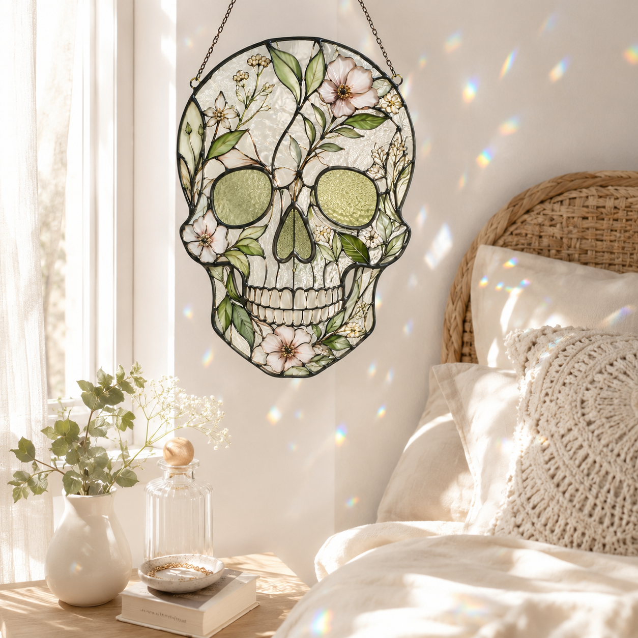 Floral Skull Suncatcher | Stained Glass Style Window Hanging | Botanical Gothic Wall Decor | Car Hanging Decor | Skull Gift
