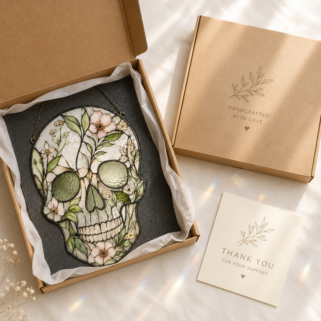 Floral Skull Suncatcher | Stained Glass Style Window Hanging | Botanical Gothic Wall Decor | Car Hanging Decor | Skull Gift
