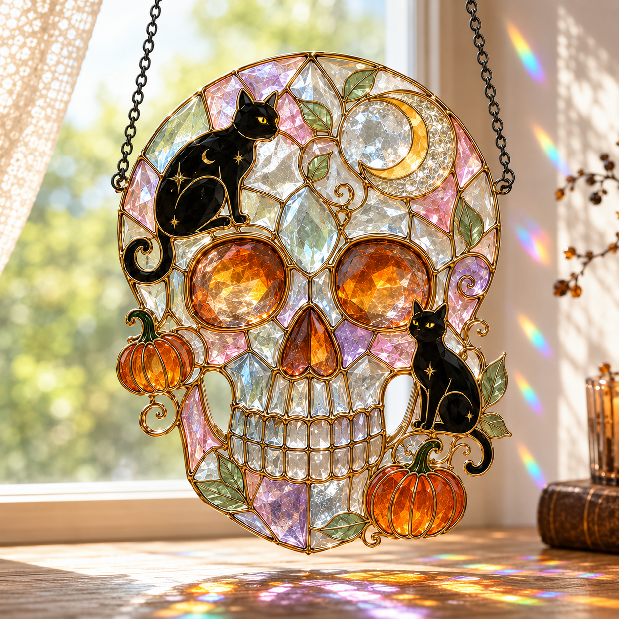 Halloween Black Cat Skull Suncatcher | Stained Glass Style Window Hanging | Pumpkin Moon Gothic Decor | Car Ornament Gift