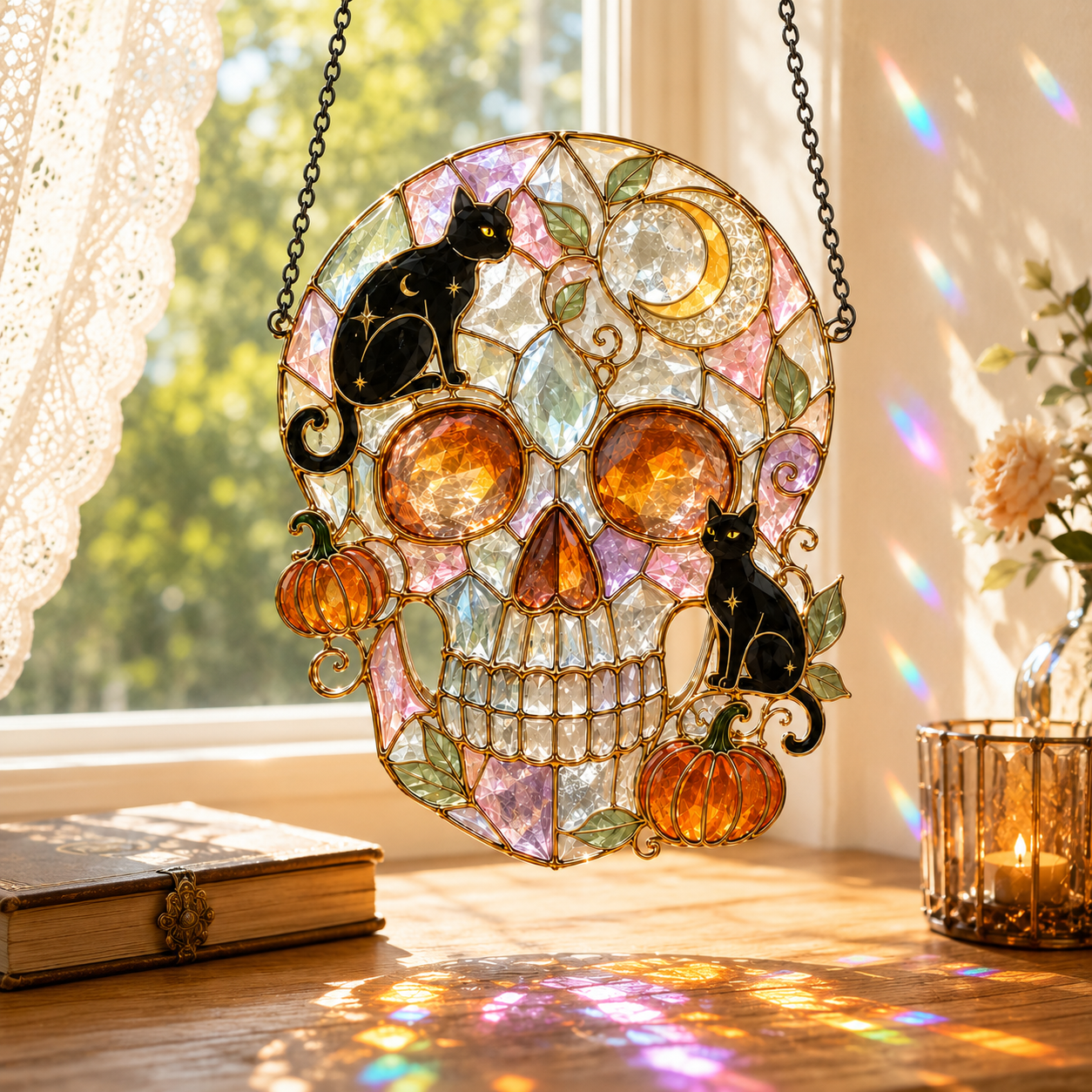 Halloween Black Cat Skull Suncatcher | Stained Glass Style Window Hanging | Pumpkin Moon Gothic Decor | Car Ornament Gift