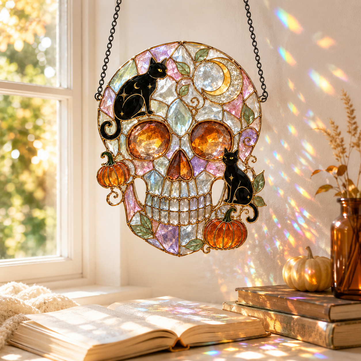 Halloween Black Cat Skull Suncatcher | Stained Glass Style Window Hanging | Pumpkin Moon Gothic Decor | Car Ornament Gift