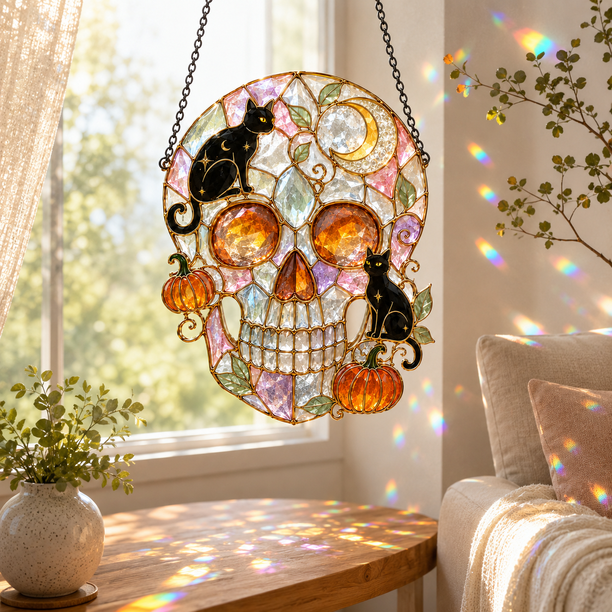 Halloween Black Cat Skull Suncatcher | Stained Glass Style Window Hanging | Pumpkin Moon Gothic Decor | Car Ornament Gift