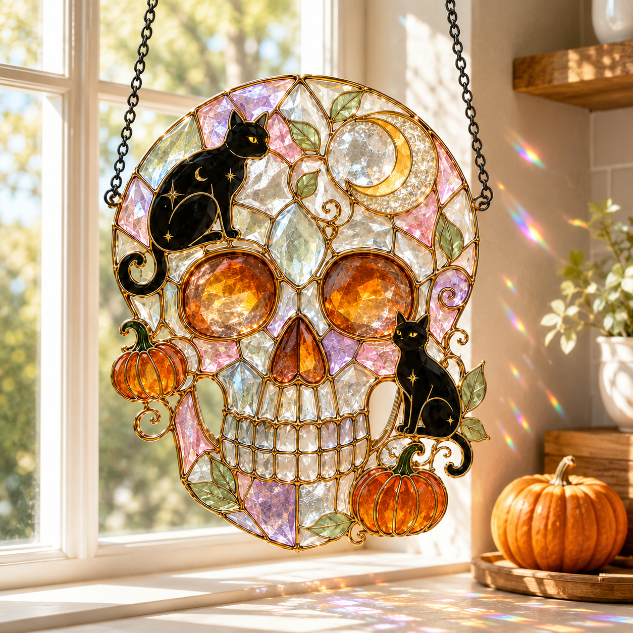 Halloween Black Cat Skull Suncatcher | Stained Glass Style Window Hanging | Pumpkin Moon Gothic Decor | Car Ornament Gift