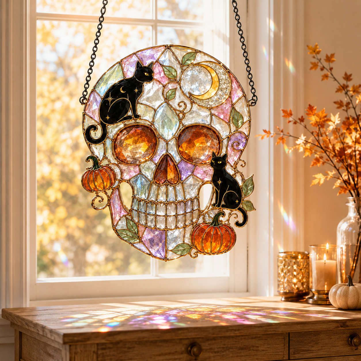 Halloween Pumpkin Skull Suncatcher | Stained Glass Style Window Hanging | Bat Moon Gothic Decor | Car Ornament Gift