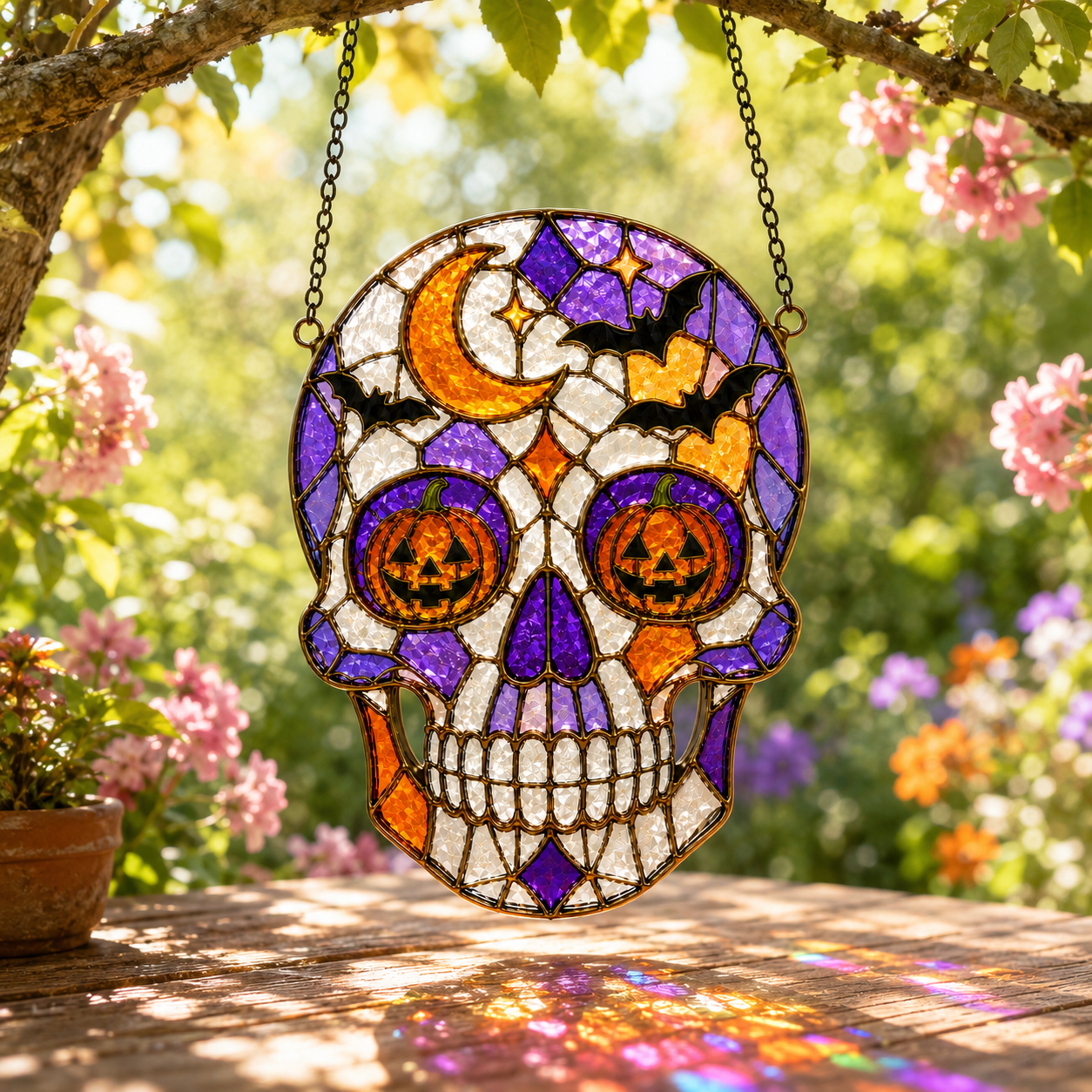 Halloween Pumpkin Skull Suncatcher | Stained Glass Style Window Hanging | Bat Moon Gothic Decor | Car Ornament Gift