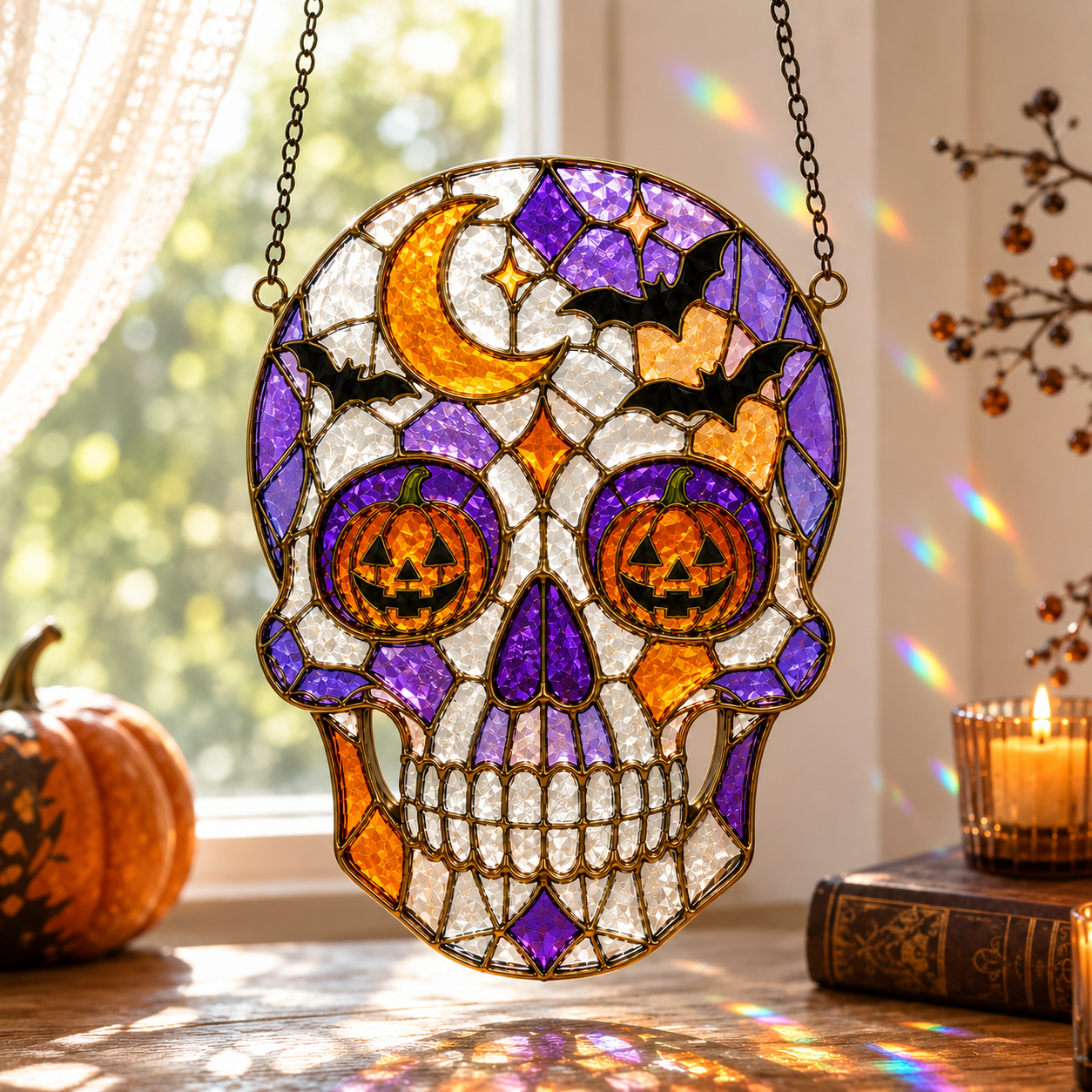 Halloween Pumpkin Skull Suncatcher | Stained Glass Style Window Hanging | Bat Moon Gothic Decor | Car Ornament Gift