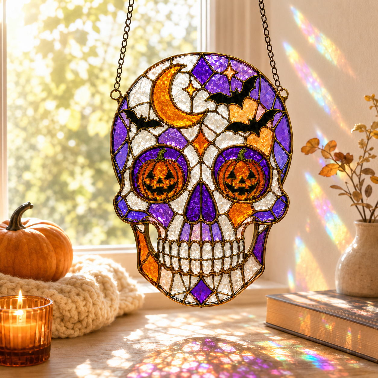 Halloween Pumpkin Skull Suncatcher | Stained Glass Style Window Hanging | Bat Moon Gothic Decor | Car Ornament Gift