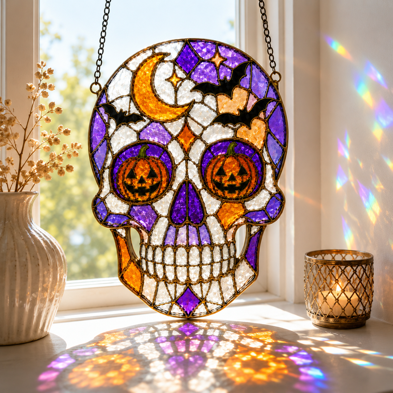 Halloween Skull Suncatcher | Bat Pumpkin Stained Glass Style Window Hanging | Witchy Gothic Decor | Car Ornament Gift